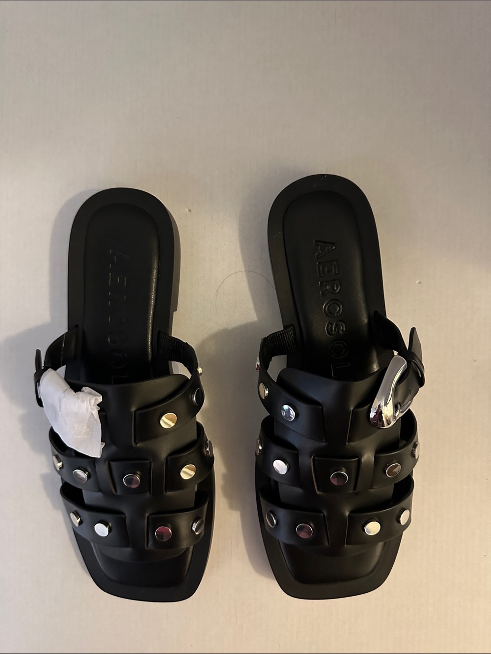 AEROSOLES Black Studded Slide with Silver Buckle
